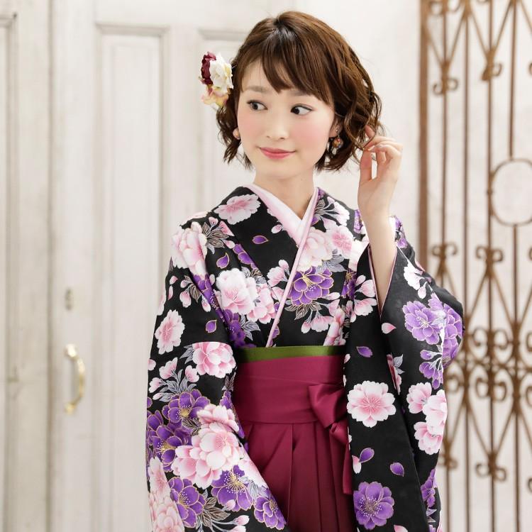 卒業式 袴 レンタル 「黒地にピンクと紫の金縁取り八重桜」 女 袴