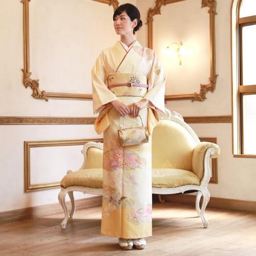 訪問着 レンタル19点フルコーディネートレンタルセット「クリーム色地に金の雲取りと花」結婚式 入学式 七五三 訪問着 レンタル 19点フルコーディネートレンタルセット クリーム色地