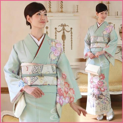 訪問着 レンタル 19点フルコーディネートレンタルセット「淡い緑色地に花車と水流」結婚式 入学式 七五三 訪問着 19点フルコーディネートレンタルセット「淡い緑色地に花車と