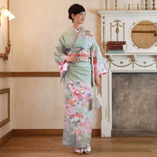 訪問着 レンタル 19点フルコーディネートレンタルセット「淡い緑地に菊