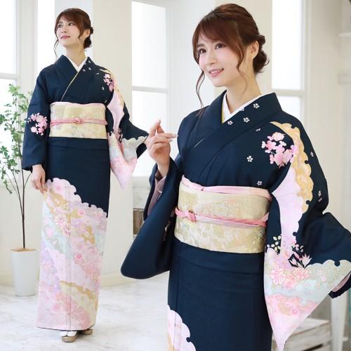 訪問着 レンタル  19点フルコーディネートレンタルセット「濃紺地に花柄と雪輪模様」結婚式 入学式 七五三 ママ レンタル 訪問着 19点フルコーディネートレンタルセット「濃紺地に花柄