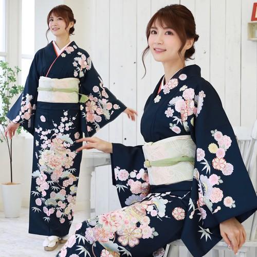 訪問着 レンタル  19点フルコーディネートレンタルセット「濃紺地に牡丹・桜・鞠」結婚式 入学式 七五三 ママ レンタル 訪問着 19点フルコーディネートレンタルセット「濃紺地に牡丹