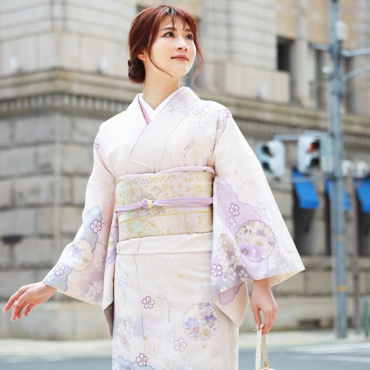 訪問着 レンタル 正絹１９点 フルコーディネートレンタルセット  「生成り地に金糸華文様黒ぼかし藤と花」 レンタル 訪問着 19点フルコーディネートレンタルセット「紫ぼかし生成