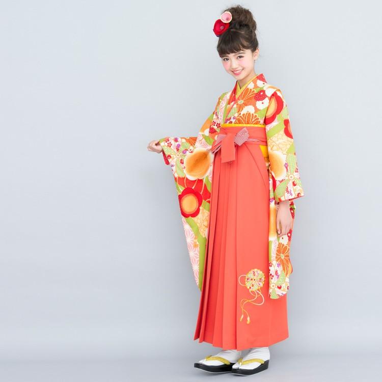 7泊8日レンタル レンタル 九重 卒業式 袴 小学生 女の子 小学校 ジュニア セット 緑 オレンジの縞地に菊 梅 桜 ひな祭り 十三参り 着物 衣装 レトロ Re Jrha 037 なでしこレンタル 通販 Yahoo ショッピング