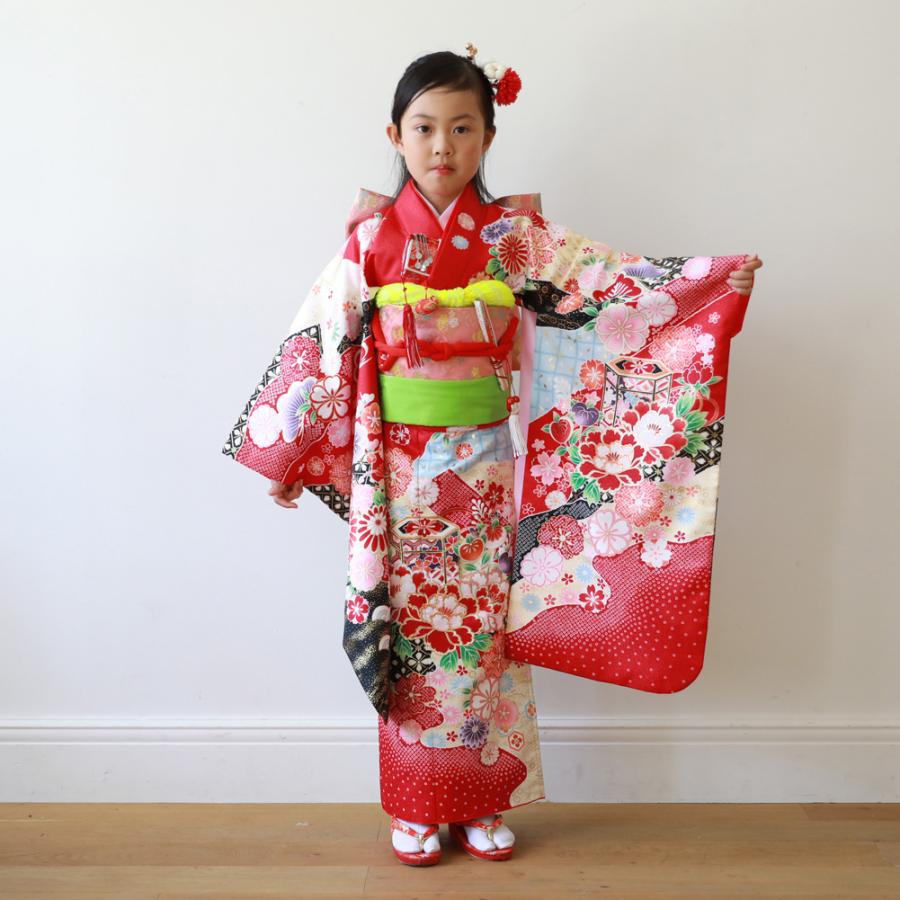 美品　絞り柄　赤　花柄　着物 七五三　7歳　女の子 七五三 着物 7歳 レンタルフルセット 四つ身着物23点セット