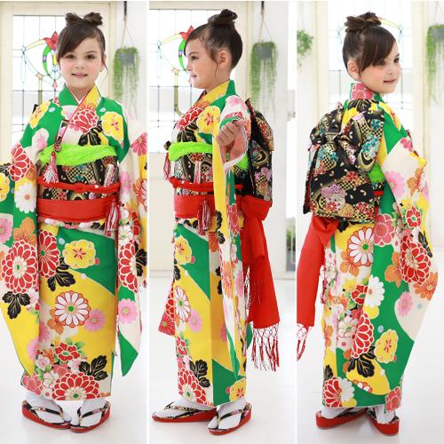 新品☆七五三着物四つ身作り帯フルセット(赤緑ピンク黄色) 七五三 女の子 7才 7歳 着物 フルセット 小紋 四つ身 結び帯 14点