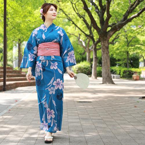 【未使用】浴衣　青　手縫い仕立て　152㎝ 浴衣 レディース セット 高級変わり織り綿麻浴衣3点セット「青地