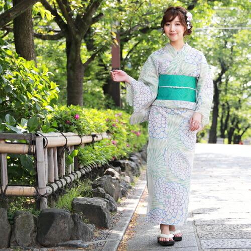 浴衣 単品 レトロ 高級変わり織り綿麻浴衣単品「生成り地に青・緑の丸