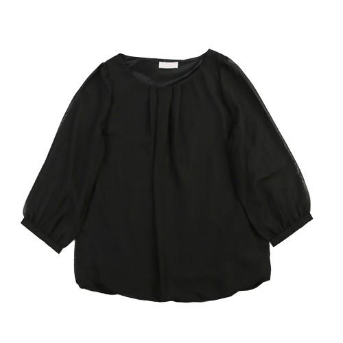 シフォン胸元タック裾バルーン7分袖ブラウス レディース