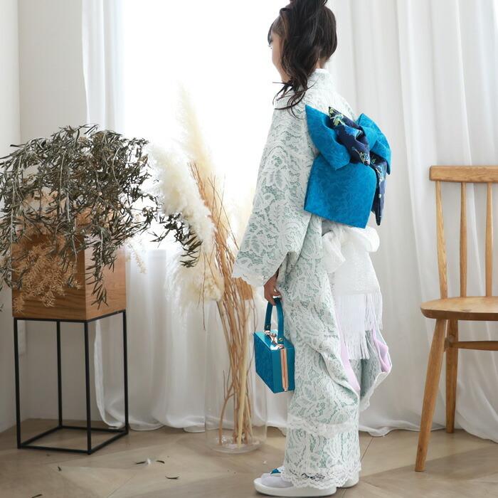 七五三 着物 7歳 フルセット 購入 販売「水色・白のレース着物 七五三 着物 7歳 フルセット 購入 販売「水色・白のレース着物