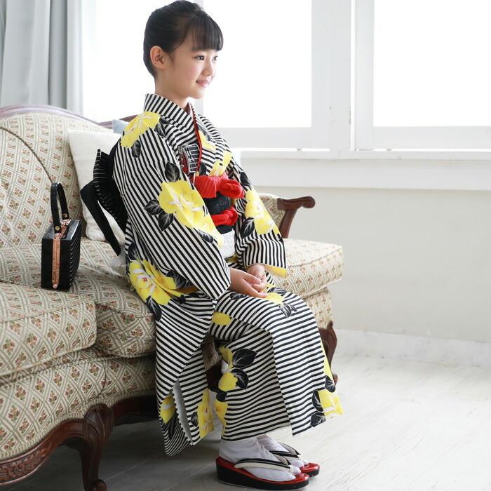 七五三 着物 7歳 フルセット 購入 販売「白・黒のストライプに黄色の花 
