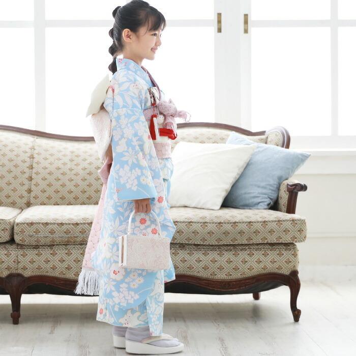 七五三 着物 7歳 フルセット 購入 販売「水色地に白の花柄 七五三 着物 7歳 フルセット 購入 販売「水色地に白の花柄