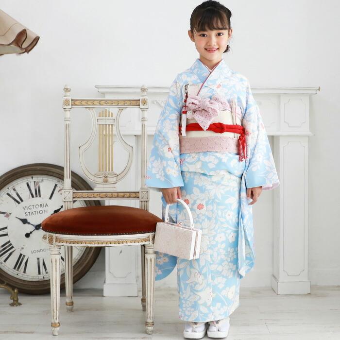 七五三 着物 7歳 フルセット 購入 販売「水色地に白の花柄 七五三 着物 7歳 フルセット 購入 販売「水色地に白の花柄