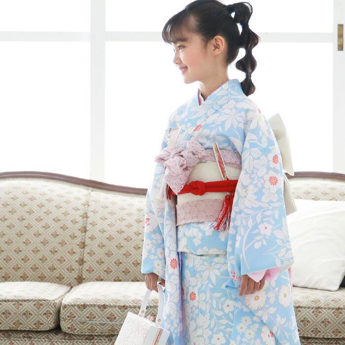 七五三 着物 7歳 フルセット 購入 販売「水色地に白の花柄 七五三 着物 7歳 フルセット 購入 販売「水色地に白の花柄