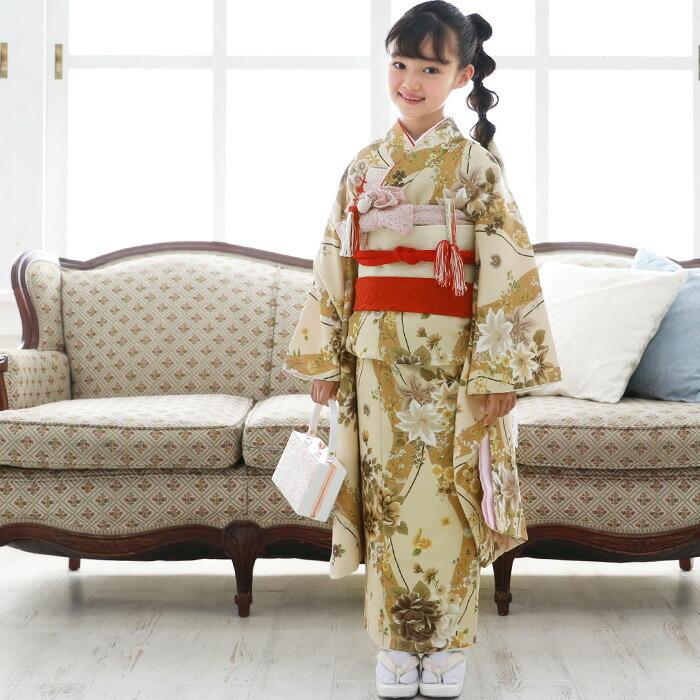 七五三 着物 7歳 フルセット 購入 販売「クリーム地によろけ縞と百合 七五三 着物 7歳 フルセット 購入 販売「クリーム地によろけ縞と百合