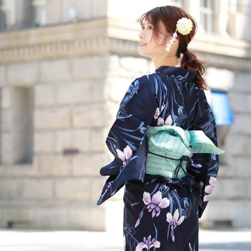 高級綿麻浴衣 菖蒲柄 紺藍色 セット 今だけ特別価格 高級綿