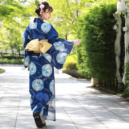 浴衣 レディース セット レトロ 高級綿絽浴衣3点セット「青地に流水と花水玉」 20代 30代 40代 50代 