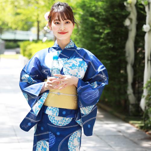 浴衣 レディース セット レトロ 高級綿絽浴衣3点セット「青地に流水と花水玉」 20代 30代 40代 50代 