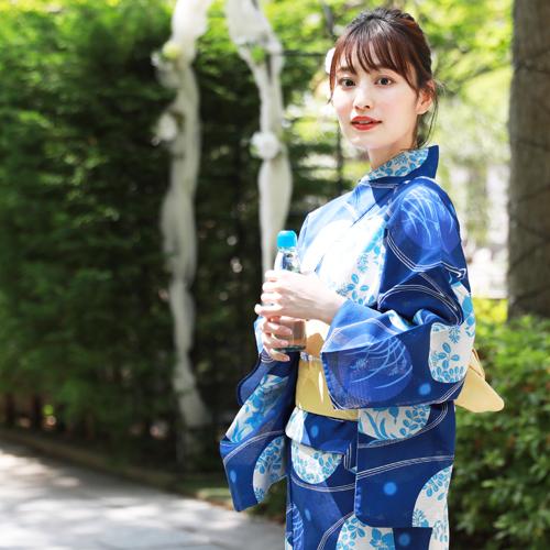 浴衣 レディース セット レトロ 高級綿絽浴衣3点セット「青地に流水と花水玉」 20代 30代 40代 50代 