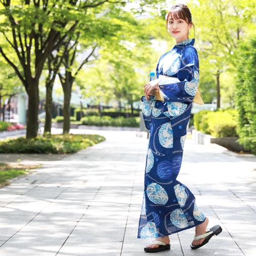 浴衣 レディース セット レトロ 高級綿絽浴衣3点セット「青地に流水と花水玉」 20代 30代 40代 50代 
