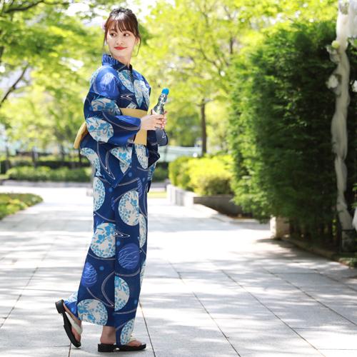 浴衣 レディース セット レトロ 高級綿絽浴衣3点セット「青地に流水と花水玉」 20代 30代 40代 50代 