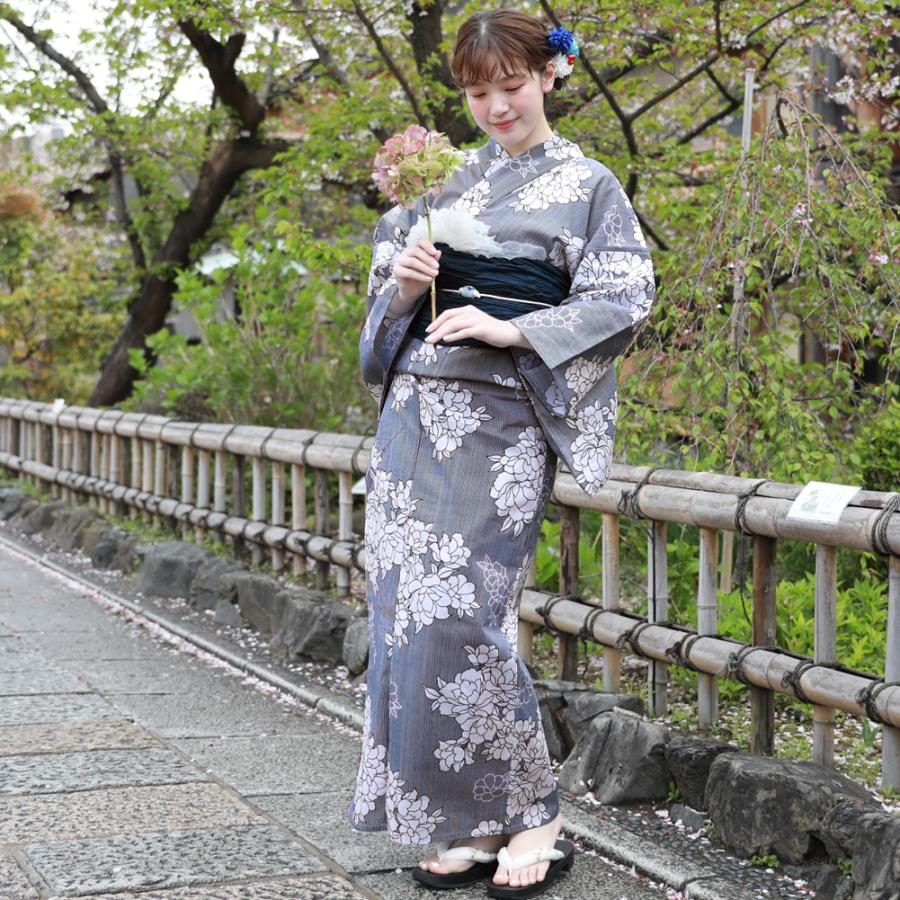 【一度着用のみ】レトロな縦縞浴衣5点セット 浴衣 セット レディース レトロ 高級変わり織り浴衣3点セット「紺地の