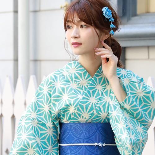 エッセンシャルズ 浴衣 レトロ レディース セット 綿麻浴衣3点セット アイボリーに水色の麻の葉 浴衣 水色 麻の葉 超歓迎 Www Jsanalytikal Com