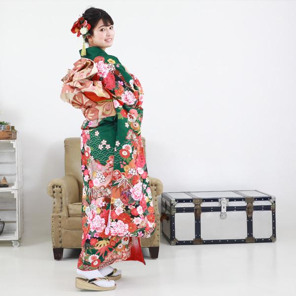 絵羽柄 振袖6点セット 販売 購入「緑地に雲取りと鞠と牡丹」振袖