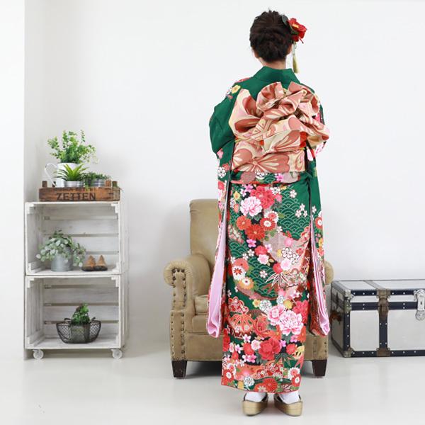 絵羽柄 振袖6点セット 販売 購入「緑地に雲取りと鞠と牡丹」振袖 セット 高級 成人式 初詣 結婚式 古典柄 レトロ フォーマル 袋帯 長襦袢 帯締め 帯揚げ 重ね衿の画像