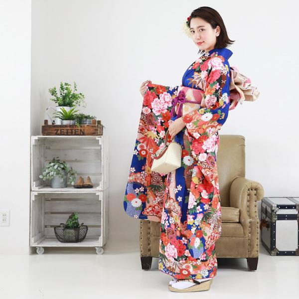 絵羽柄 振袖6点セット 販売 購入「青地に雲取りと鞠と牡丹」振袖 セット 高級 成人式 初詣 結婚式 古典柄 レトロ フォーマル 袋帯 長襦袢 帯締め 帯揚げ 重ね衿の画像