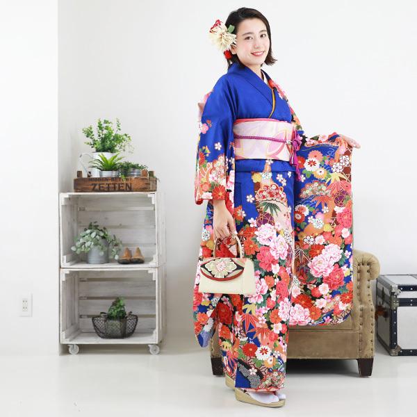 絵羽柄 振袖6点セット 販売 購入「青地に雲取りと鞠と牡丹」振袖 セット 高級 成人式 初詣 結婚式 古典柄 レトロ フォーマル 袋帯 長襦袢 帯締め 帯揚げ 重ね衿の画像