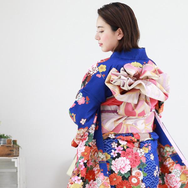 絵羽柄 振袖6点セット 販売 購入「青地に雲取りと鞠と牡丹」振袖 セット 高級 成人式 初詣 結婚式 古典柄 レトロ フォーマル 袋帯 長襦袢 帯締め 帯揚げ 重ね衿の画像