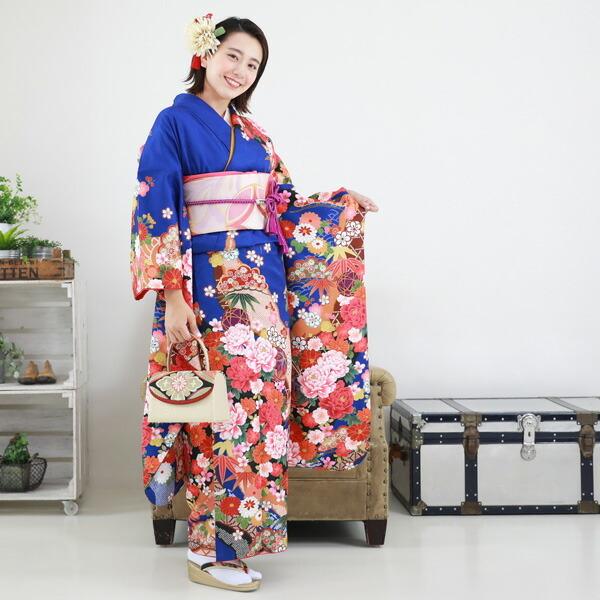 絵羽柄 振袖6点セット 販売 購入「青地に雲取りと鞠と牡丹」振袖 セット 高級 成人式 初詣 結婚式 古典柄 レトロ フォーマル 袋帯 長襦袢 帯締め 帯揚げ 重ね衿の画像