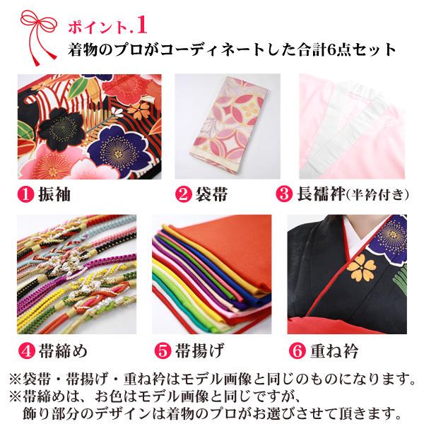 絵羽柄 振袖6点セット 販売 購入「黒地に波とレトロ桜」振袖 セット