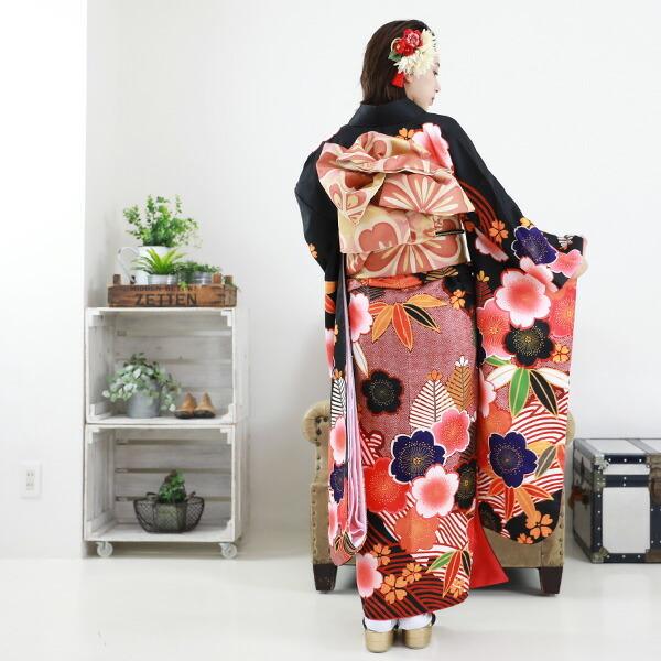 絵羽柄 振袖6点セット 販売 購入「黒地に波とレトロ桜」振袖 セット