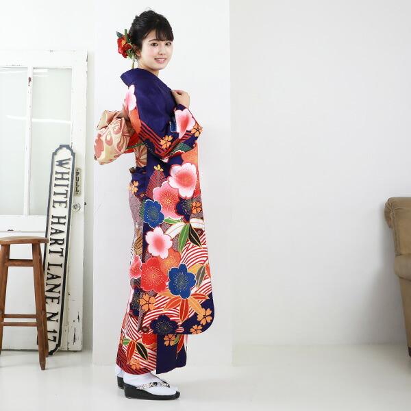 絵羽柄 振袖6点セット 販売 購入「紫地に波とレトロ桜」振袖 セット 高級 成人式 初詣 結婚式 古典柄 レトロ フォーマル 袋帯 長襦袢 帯締め 帯揚げ 重ね衿の画像