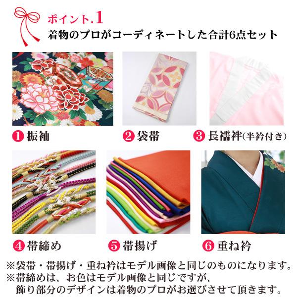 絵羽柄 振袖6点セット 販売 購入「深緑地に牡丹・菊・松」振袖 セット