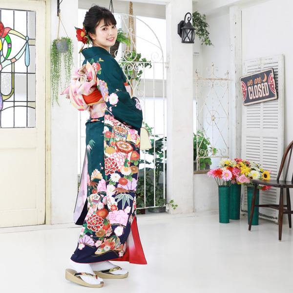 絵羽柄 振袖6点セット 販売 購入「深緑地に牡丹・菊・松」振袖 セット