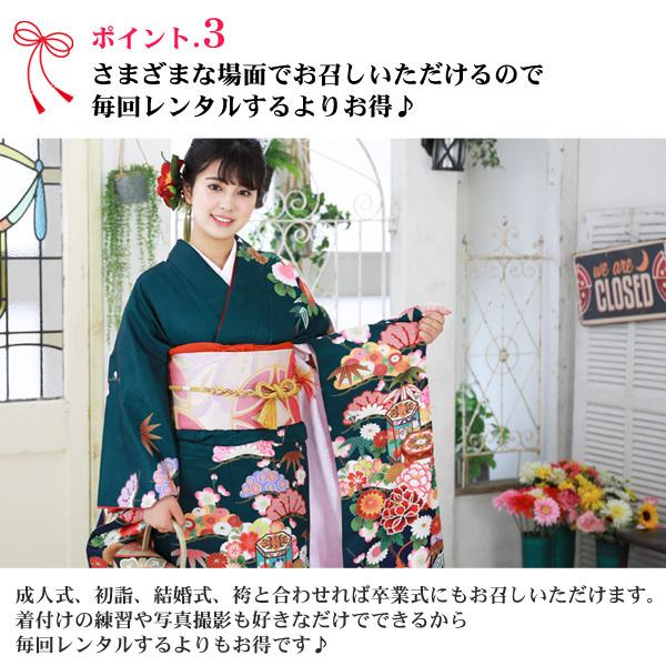 絵羽柄 振袖6点セット 販売 購入「深緑地に牡丹・菊・松」振袖 セット