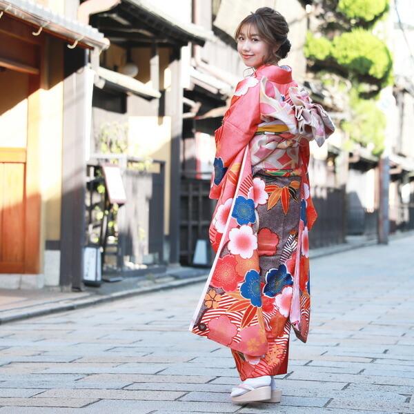 絵羽柄 振袖6点セット 販売 購入「ピンク地に波とレトロ桜」振袖 セット 高級 成人式 初詣 結婚式 古典柄 レトロ フォーマル 袋帯 長襦袢 帯締め 帯揚げ 重ね衿の画像