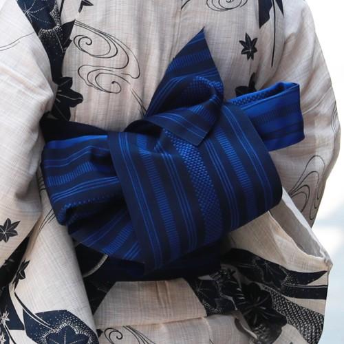 超美品　綿　変わり織　本染浴衣　着物　夏物　162　絞り柄　矢羽　矢絣　紺　水色 浴衣 レディース セット レトロ 変わり織り綿麻浴衣3点セット「生成り