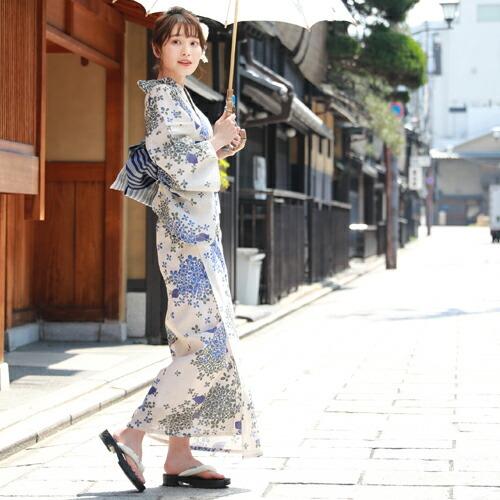 [生成りに鞠と花]綿麻浴衣単品 浴衣 レディース単品 20代 30代 40代 50代 綿麻浴衣単品「生成り地に青