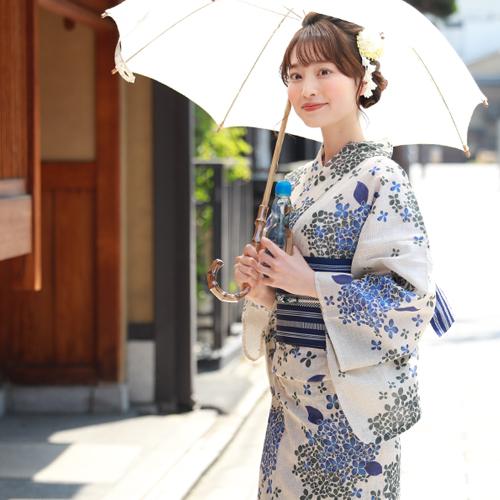 浴衣 3点セット新品 紫陽花 浴衣 セット レディース レトロ 変わり織り綿麻浴衣3点セット「生成り