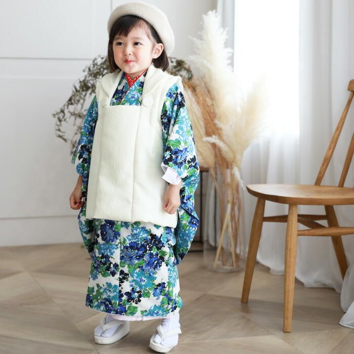 当店オリジナル 七五三 着物 3歳 女の子 販売 セット 「白地に青・水色 