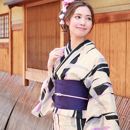 浴衣 単品 レトロ 高級綿麻浴衣単品「生成り地に黒・紫・グレー