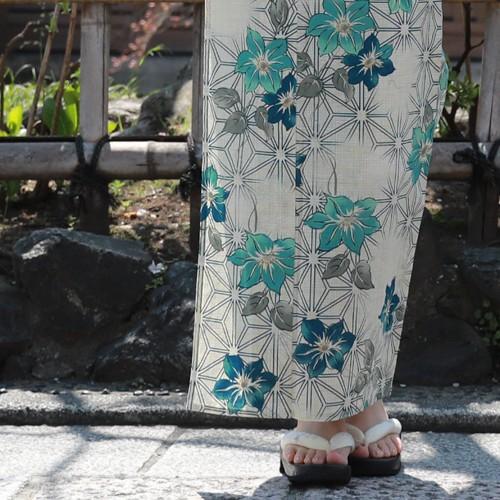 浴衣 セット レトロ S M 綿麻浴衣3点セット「生成り地に桔梗と麻の葉