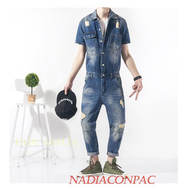 超安い品質 売れ筋 大人気 サロペット オーバーオール メンズ 夏 スリム デニム パンツ 半袖つなぎ 細身 青色 新品 作業着 Materialworldblog Com