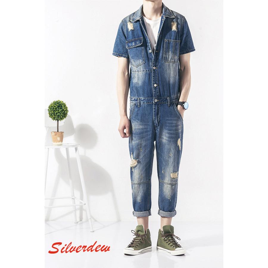 サロペット オーバーオール メンズ 夏 薄手 デニム パンツ 半袖 つなぎ 細身 青色 新品 作業着 ダメージ かっこいい ファッション Yhnslty02 Nadiaconpac 通販 Yahoo ショッピング