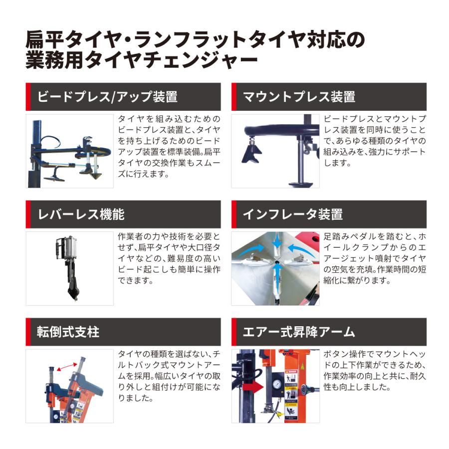 タイヤチェンジャー(レバーレス モデル) タイヤ交換 AutoPro26ZX 左右サポートアーム 三相200V 28インチまで対応 1年補償 送料無料｜nagaesangyo｜03