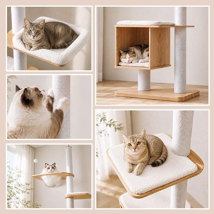 送料無料 キャットタワー 突っ張り 木製 大型猫用 10cm極太 白綿 爪